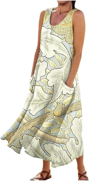 Summer Dresses,Summer Dress Maxi Casual Sleeveless Boho Beach Floral Print Crewneck Outdoor Long Sundress with Pocket