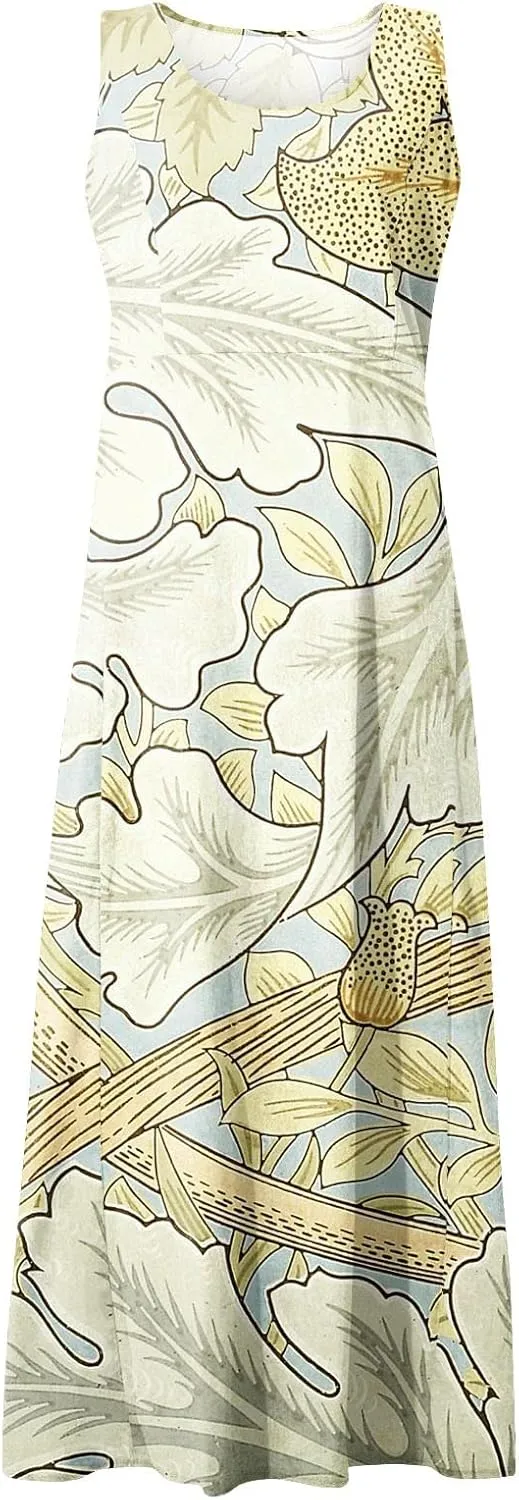 Summer Dresses,Summer Dress Maxi Casual Sleeveless Boho Beach Floral Print Crewneck Outdoor Long Sundress with Pocket