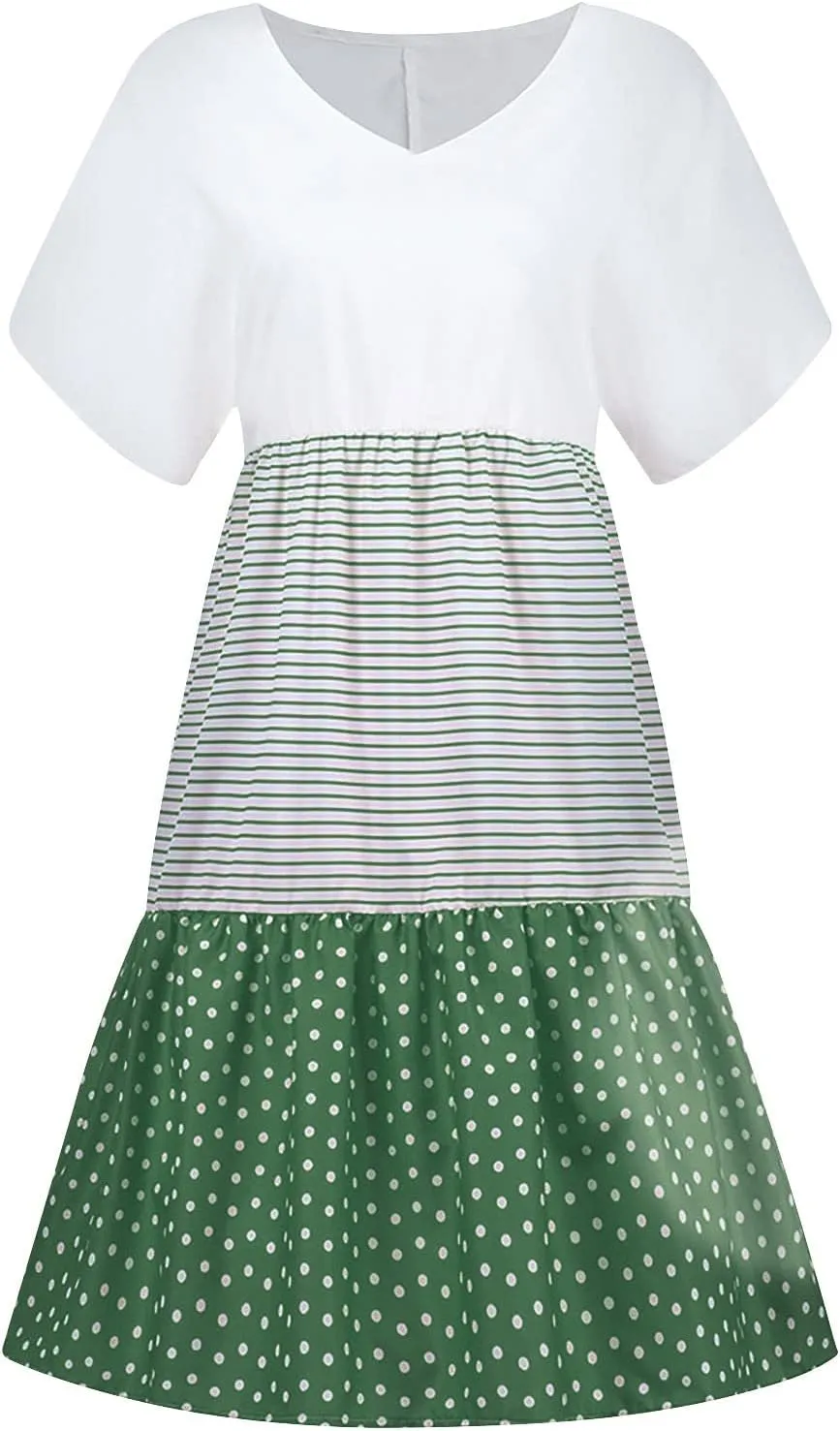 Summer Midi Dresses for Women Fashion 2024 Casual Short Sleeve v Neck Shirt Dress Color Block Swing Beach Sundresses