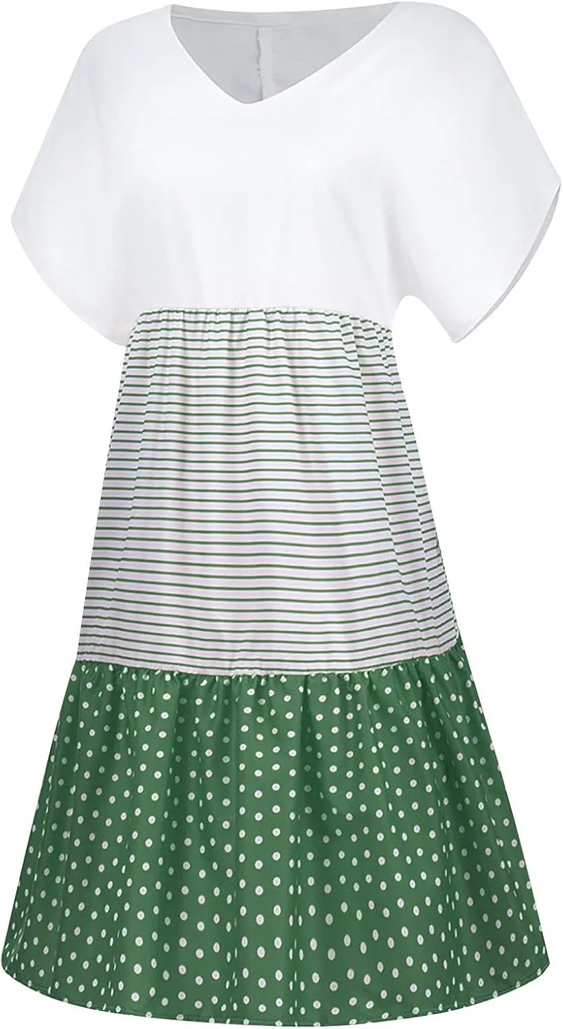 Summer Midi Dresses for Women Fashion 2024 Casual Short Sleeve v Neck Shirt Dress Color Block Swing Beach Sundresses