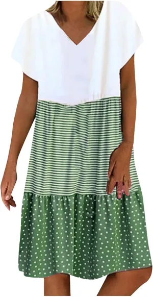 Summer Midi Dresses for Women Fashion 2024 Casual Short Sleeve v Neck Shirt Dress Color Block Swing Beach Sundresses