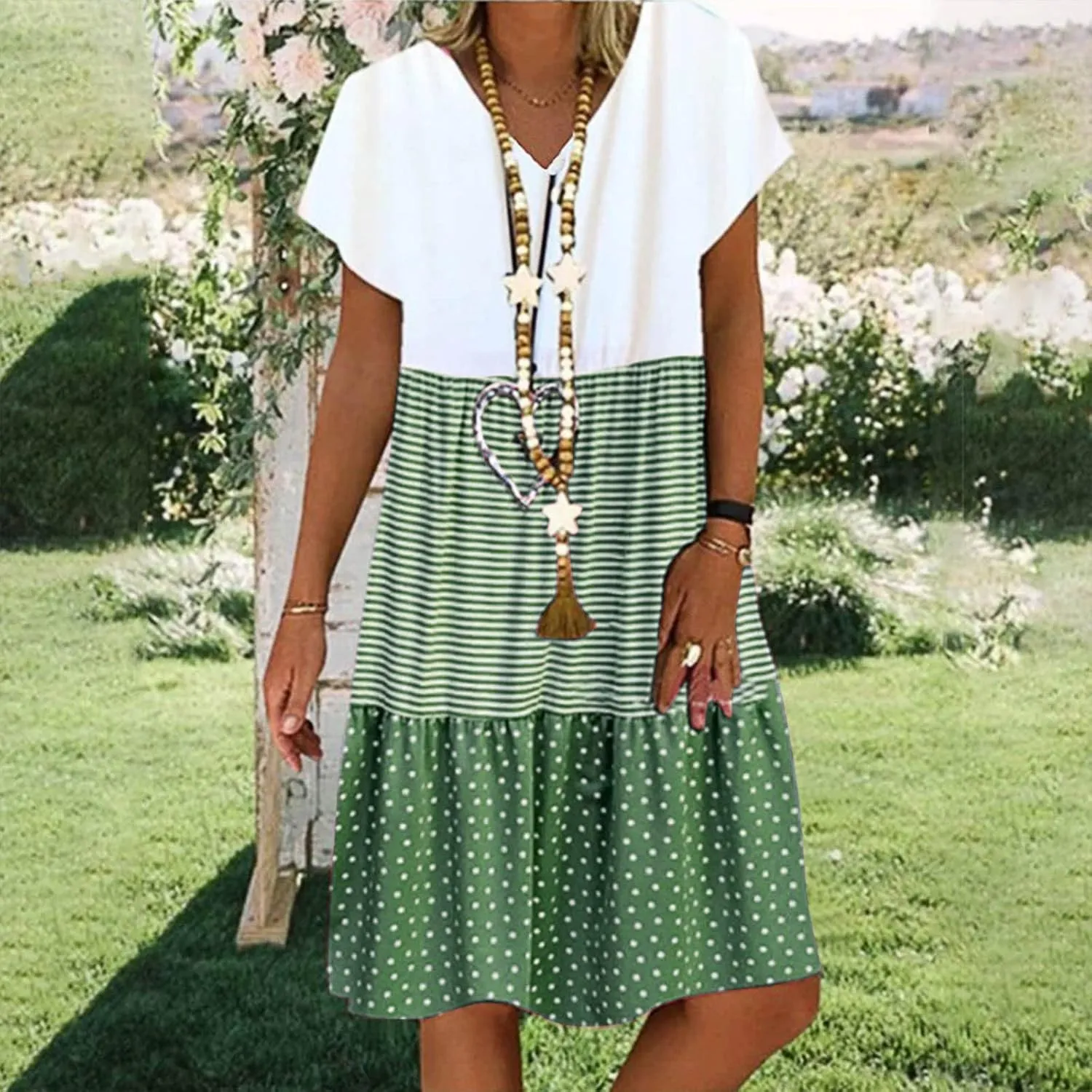Summer Midi Dresses for Women Fashion 2024 Casual Short Sleeve v Neck Shirt Dress Color Block Swing Beach Sundresses