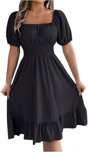Summer Milkmaid Dresses for Women Square Neck Puff Sleeve Mini Dress Casual Cute ALine Ruffle Flowy Cottagecore Dress