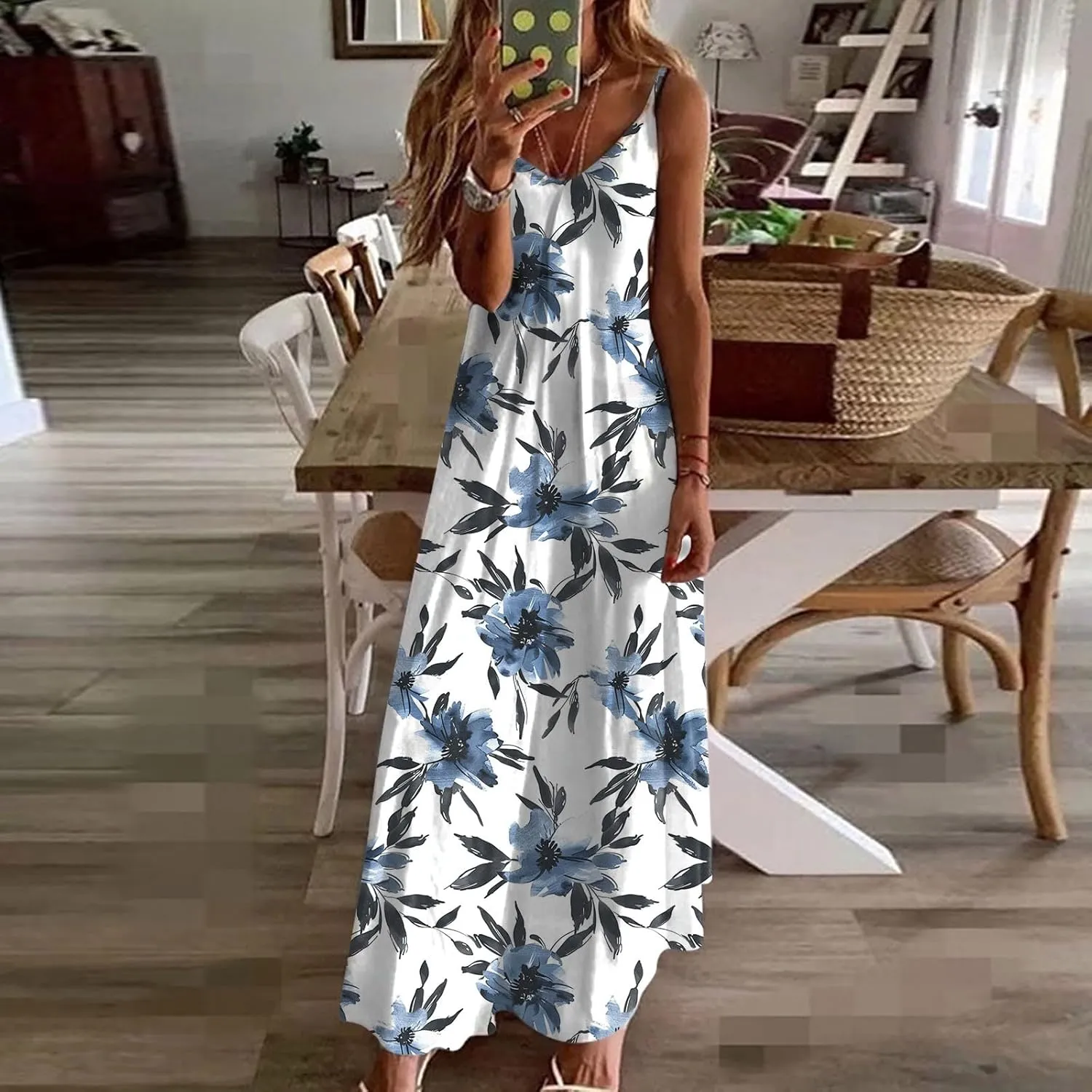 Sun Dresses for Women 2024 Summer Fashion Casual Sleeveless Boho Floral Maxi Sundress Spaghetti Strap Beach Dress