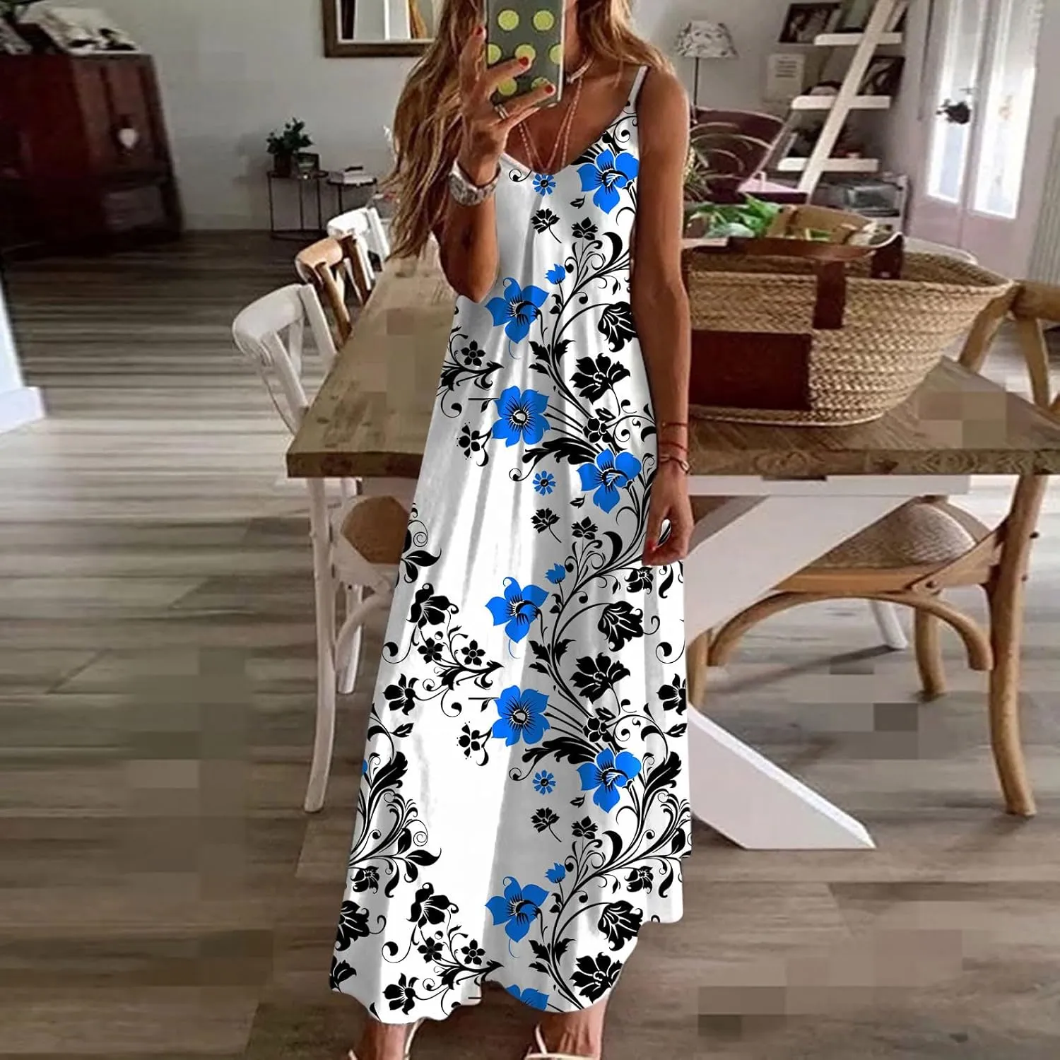 Sun Dresses for Women 2024 Summer Fashion Casual Sleeveless Boho Floral Maxi Sundress Spaghetti Strap Beach Dress