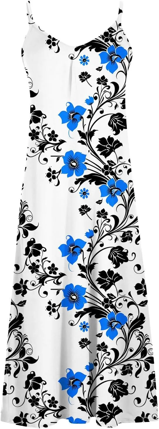 Sun Dresses for Women 2024 Summer Fashion Casual Sleeveless Boho Floral Maxi Sundress Spaghetti Strap Beach Dress