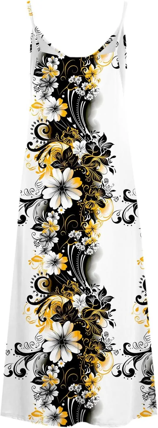 Sun Dresses for Women 2024 Summer Fashion Casual Sleeveless Boho Floral Maxi Sundress Spaghetti Strap Beach Dress