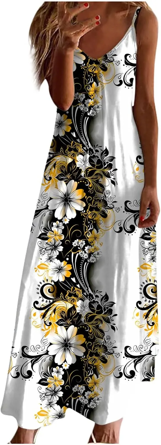 Sun Dresses for Women 2024 Summer Fashion Casual Sleeveless Boho Floral Maxi Sundress Spaghetti Strap Beach Dress
