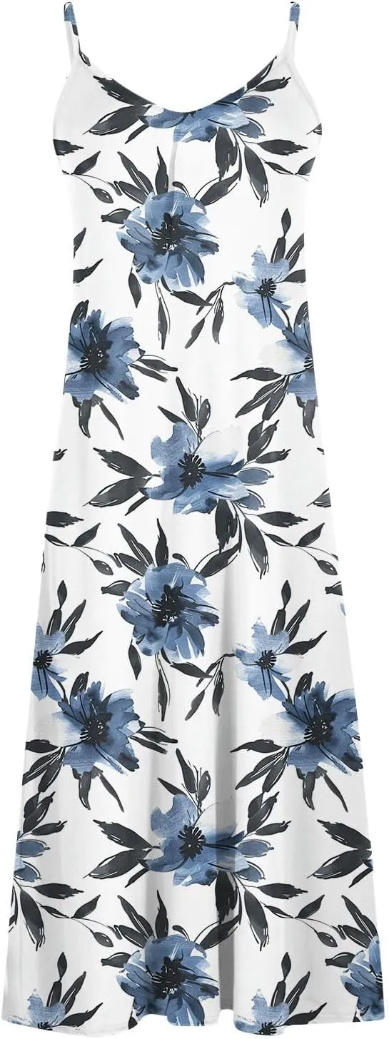 Sun Dresses for Women 2024 Summer Fashion Casual Sleeveless Boho Floral Maxi Sundress Spaghetti Strap Beach Dress