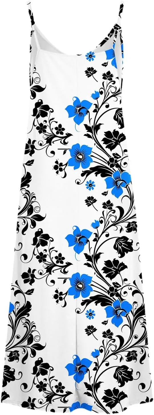 Sun Dresses for Women 2024 Summer Fashion Casual Sleeveless Boho Floral Maxi Sundress Spaghetti Strap Beach Dress