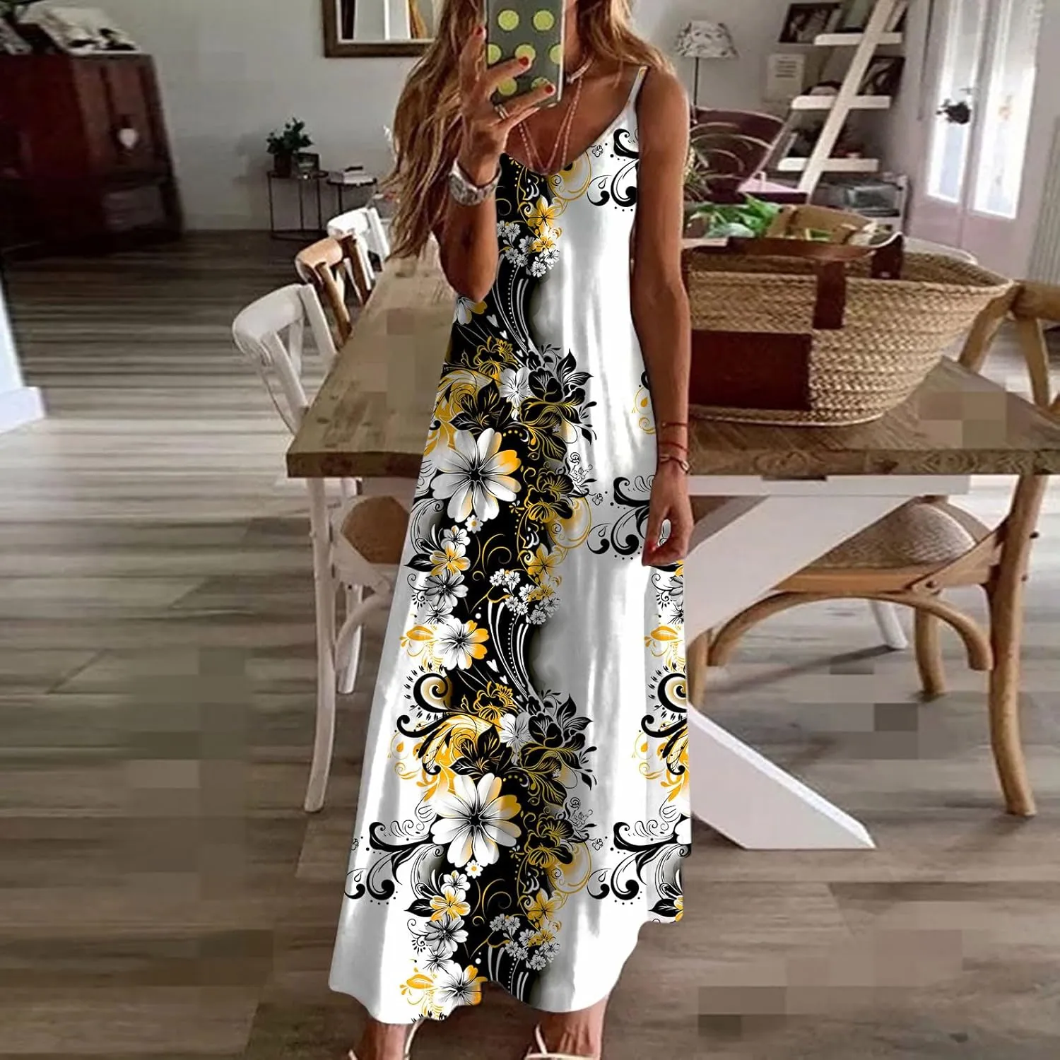 Sun Dresses for Women 2024 Summer Fashion Casual Sleeveless Boho Floral Maxi Sundress Spaghetti Strap Beach Dress