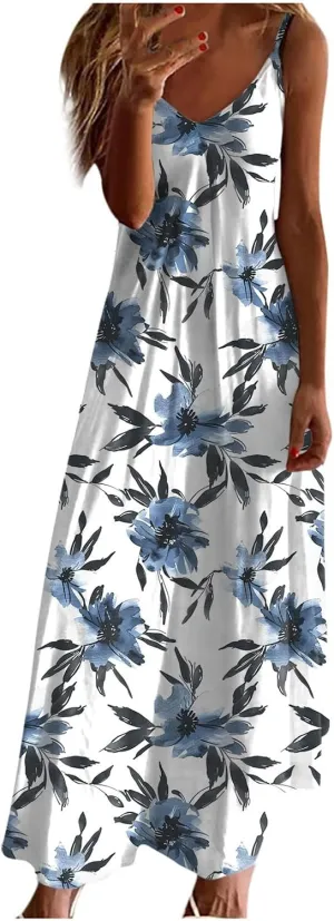 Sun Dresses for Women 2024 Summer Fashion Casual Sleeveless Boho Floral Maxi Sundress Spaghetti Strap Beach Dress