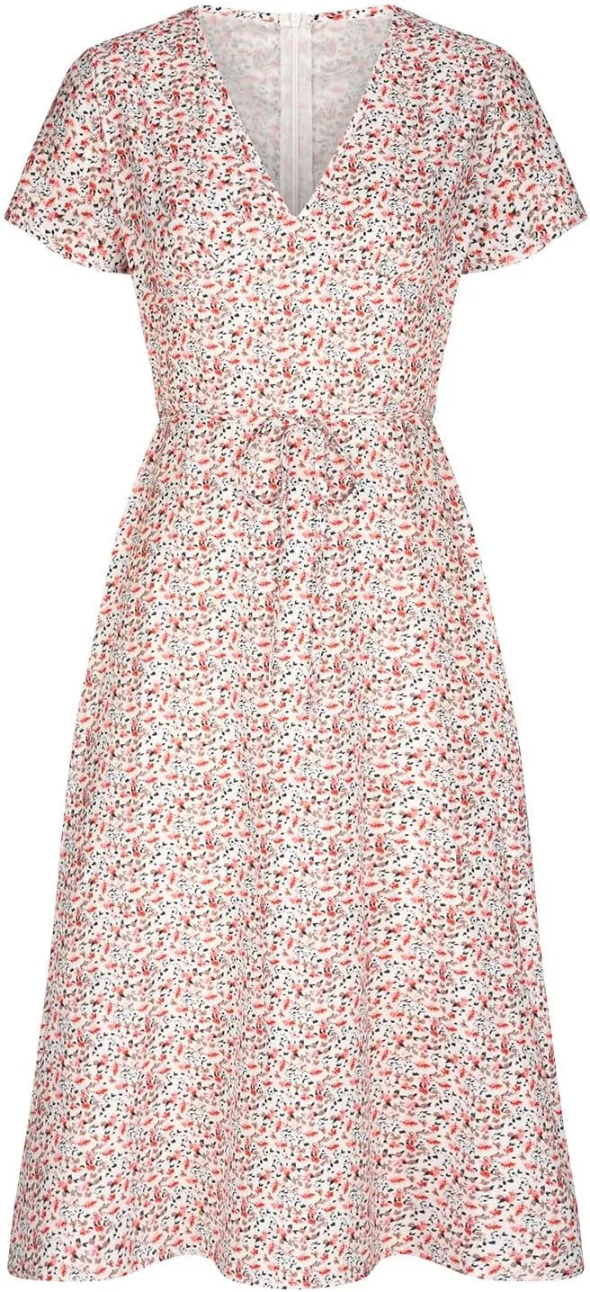 Sundresses for Women 2024 Summer Casual Floral Print Boho Midi Dress High Waisted Flowy V Neck Short Sleeve Long Dresses