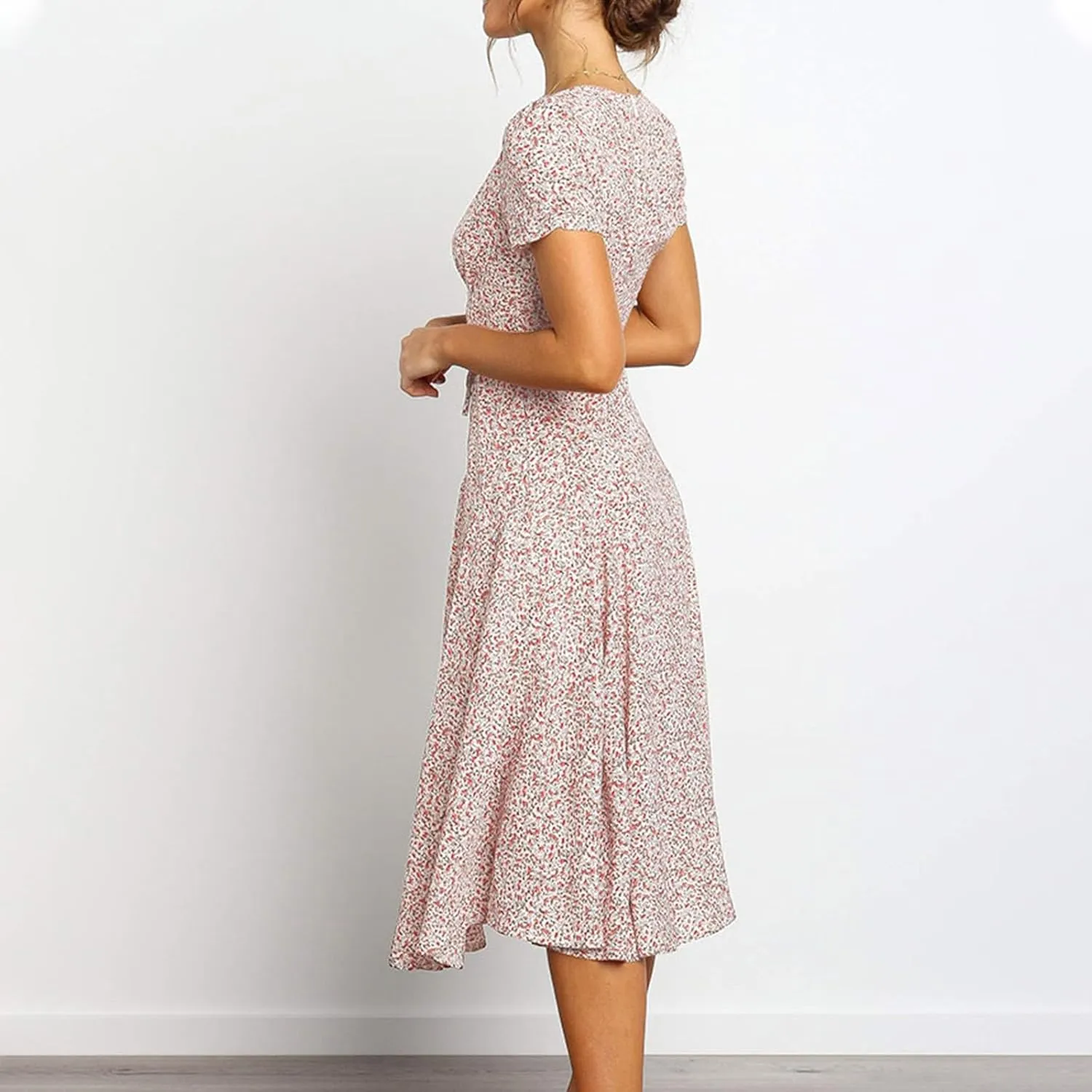 Sundresses for Women 2024 Summer Casual Floral Print Boho Midi Dress High Waisted Flowy V Neck Short Sleeve Long Dresses