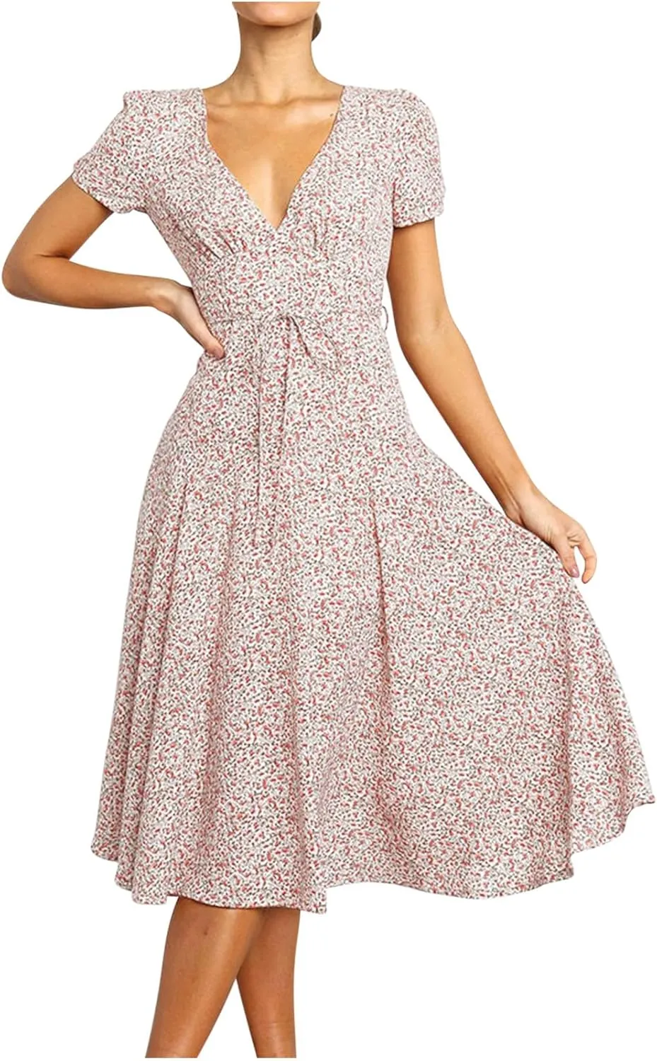 Sundresses for Women 2024 Summer Casual Floral Print Boho Midi Dress High Waisted Flowy V Neck Short Sleeve Long Dresses