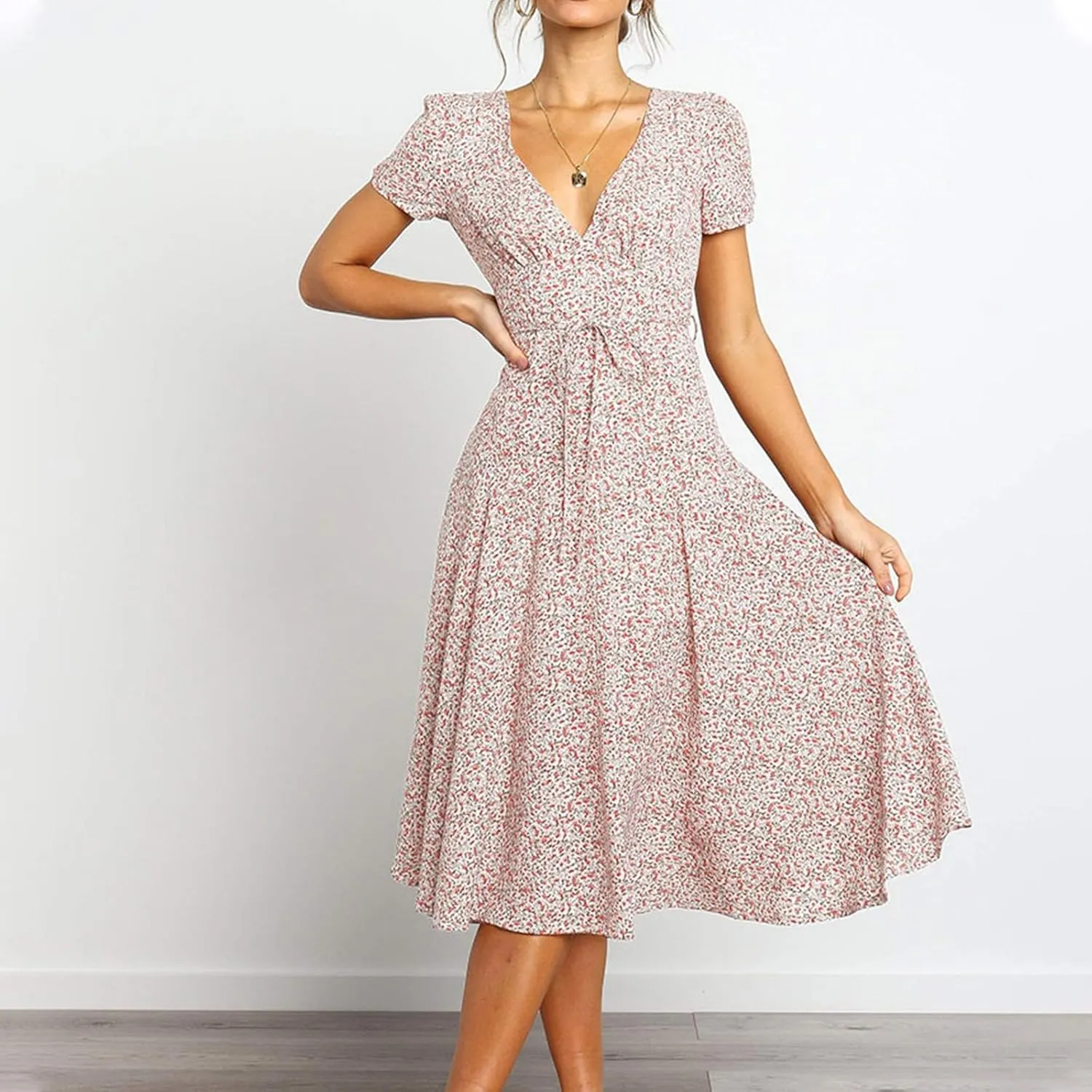 Sundresses for Women 2024 Summer Casual Floral Print Boho Midi Dress High Waisted Flowy V Neck Short Sleeve Long Dresses