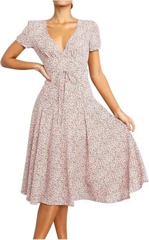 Sundresses for Women 2024 Summer Casual Floral Print Boho Midi Dress High Waisted Flowy V Neck Short Sleeve Long Dresses