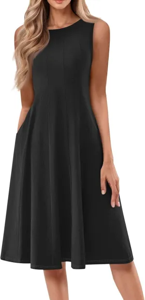 Sundresses for Women 2025 Trendy Crewneck Sleeve Summer Dresses Flowy Midi Dress Fashion Beach Vacation Outfits