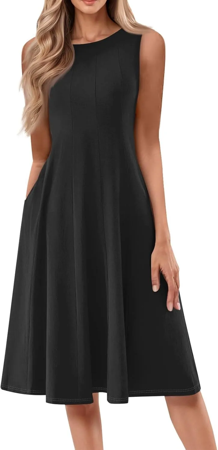Sundresses for Women 2025 Trendy Crewneck Sleeve Summer Dresses Flowy Midi Dress Fashion Beach Vacation Outfits