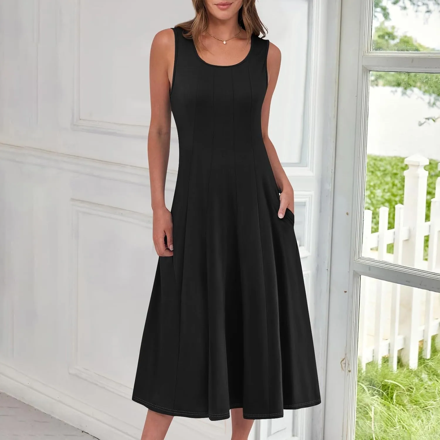 Sundresses for Women 2025 Trendy Crewneck Sleeve Summer Dresses Flowy Midi Dress Fashion Beach Vacation Outfits