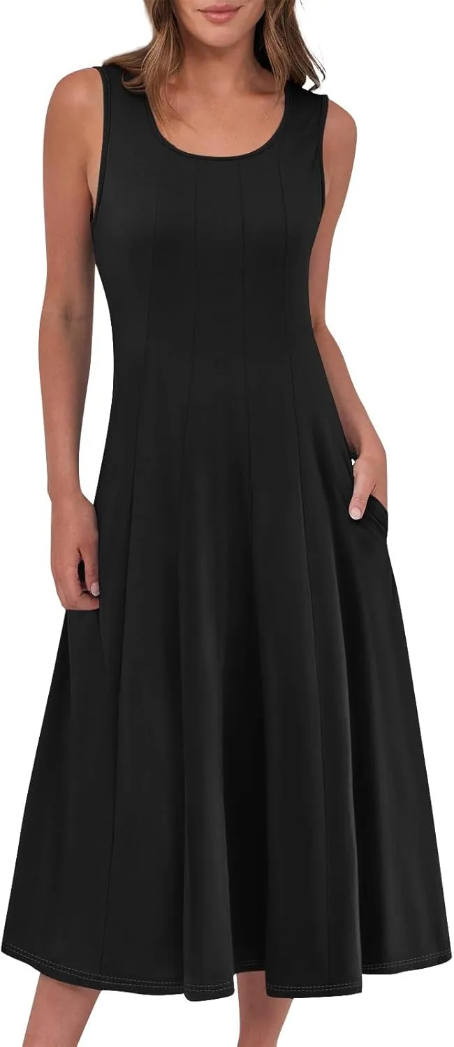 Sundresses for Women 2025 Trendy Crewneck Sleeve Summer Dresses Flowy Midi Dress Fashion Beach Vacation Outfits
