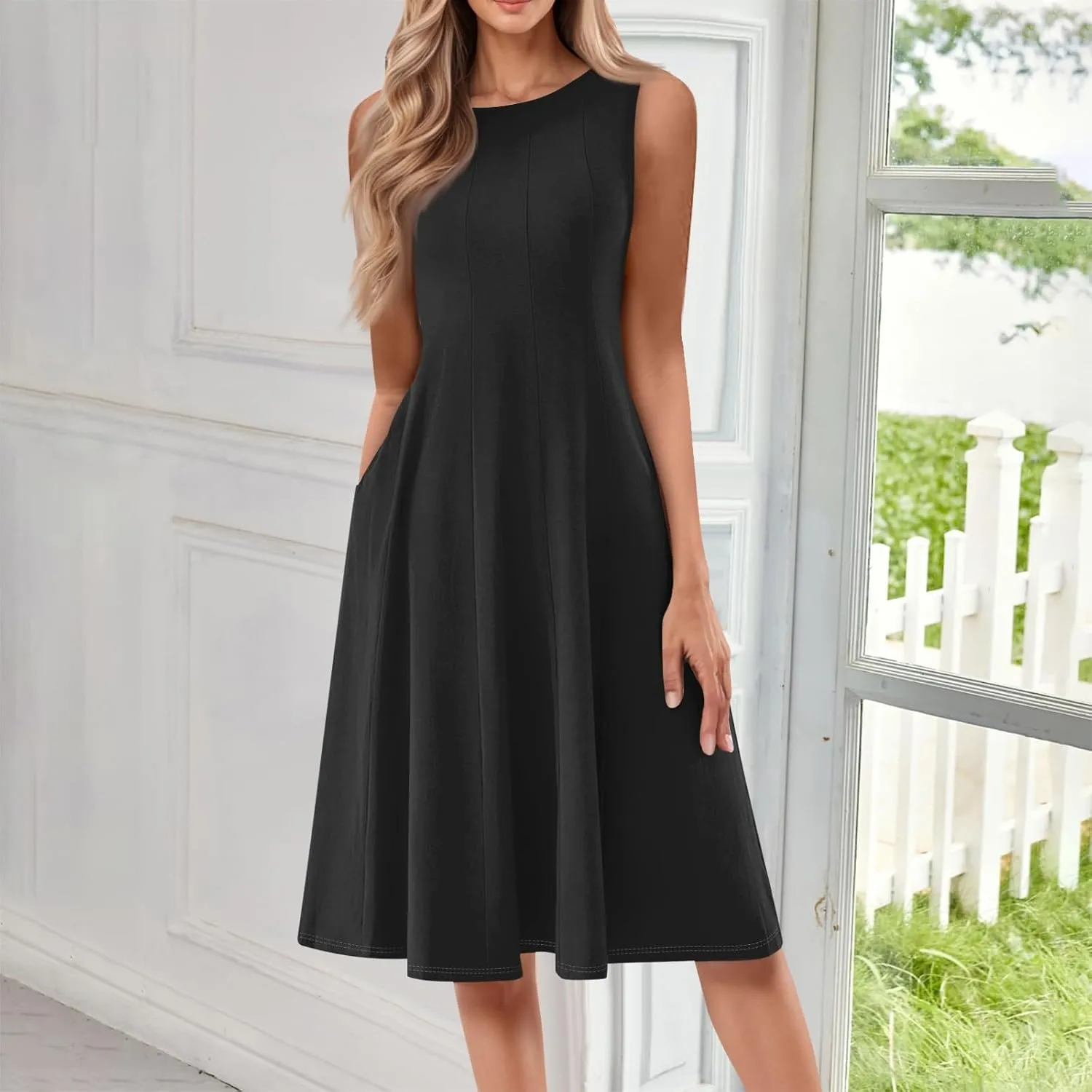Sundresses for Women 2025 Trendy Crewneck Sleeve Summer Dresses Flowy Midi Dress Fashion Beach Vacation Outfits