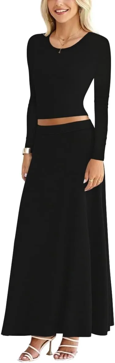 Sweet Hearts 2 Piece Sets for Women- Casual Modal Maxi Skirt Long Sleeve Crop Tops Womens 2 Piece Outfits Fall Made in USA