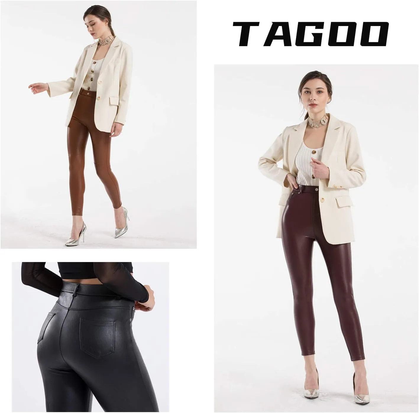 Tagoo Faux Leather Leggings for Women High Waisted Pleather Pants Stretch Tights with Pockets