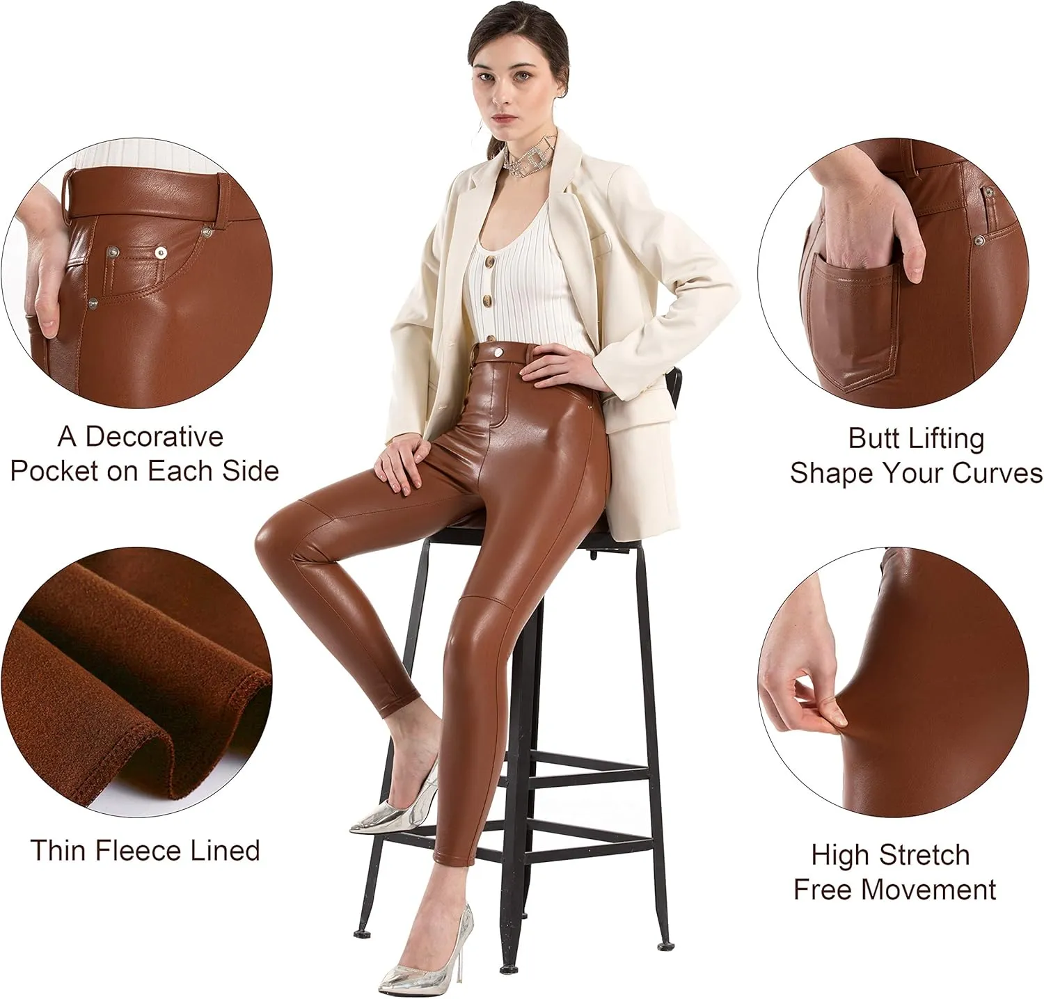 Tagoo Faux Leather Leggings for Women High Waisted Pleather Pants Stretch Tights with Pockets