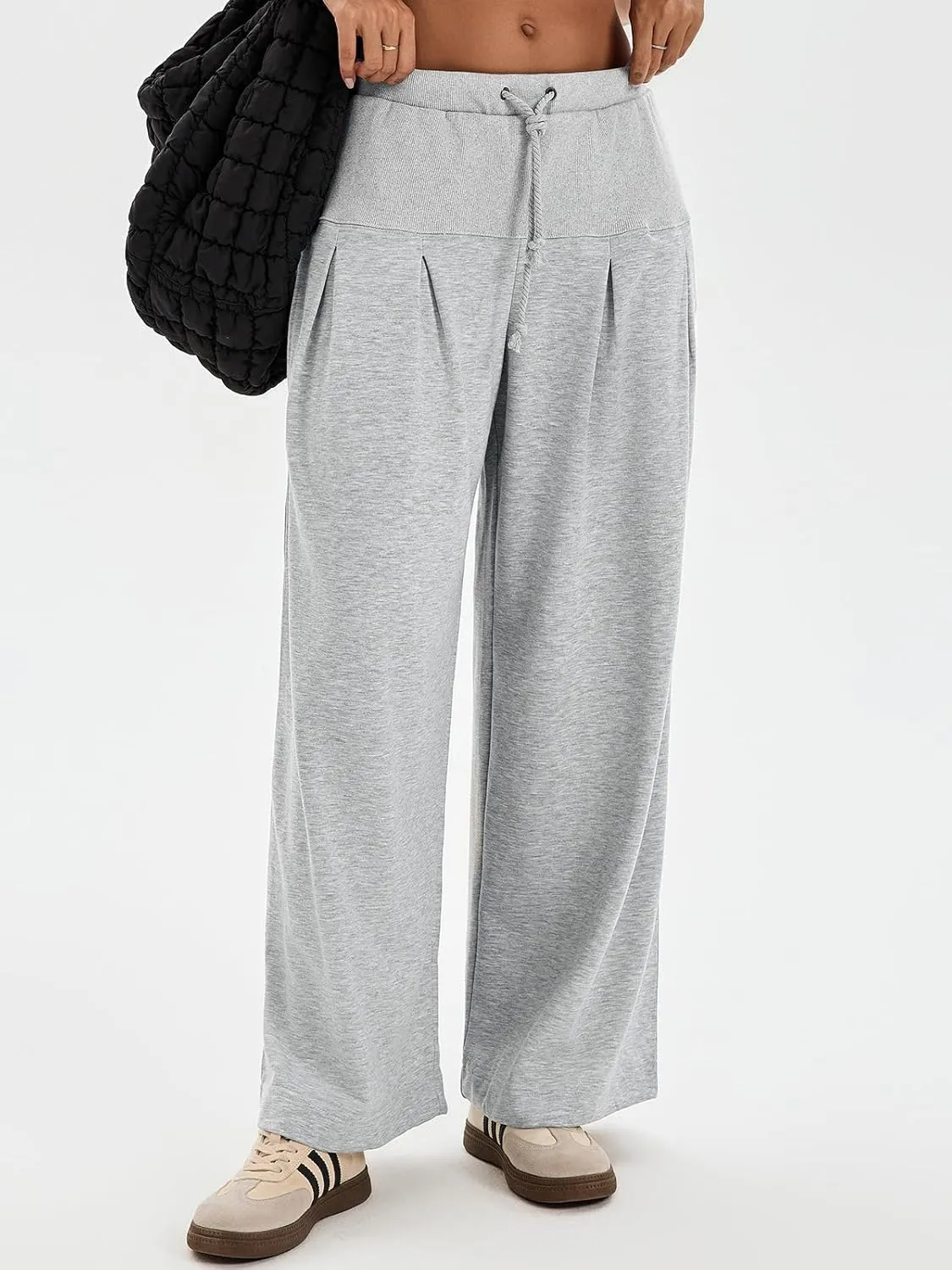 Tankaneo Womens Pleated Wide Leg Sweatpants Baggy Drawstring High Waisted Pants Casual Comfy Palazzo Lounge Pants