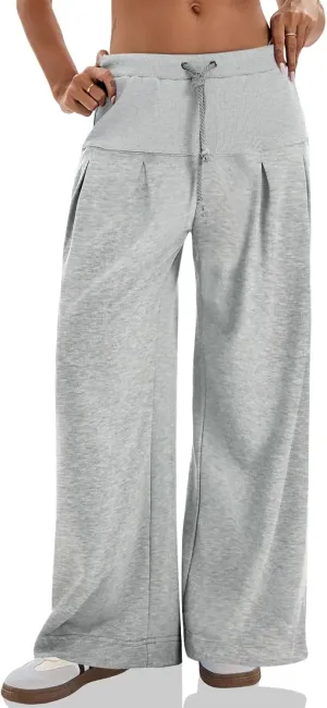 Tankaneo Womens Pleated Wide Leg Sweatpants Baggy Drawstring High Waisted Pants Casual Comfy Palazzo Lounge Pants