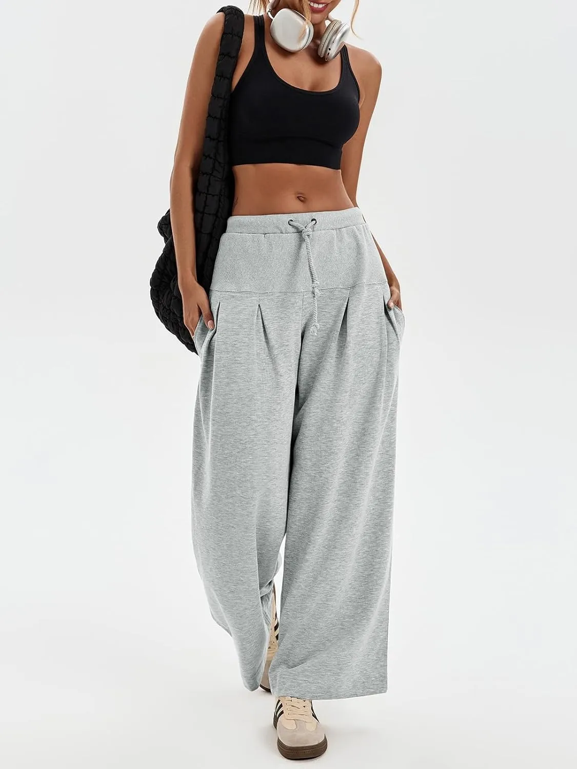 Tankaneo Womens Pleated Wide Leg Sweatpants Baggy Drawstring High Waisted Pants Casual Comfy Palazzo Lounge Pants