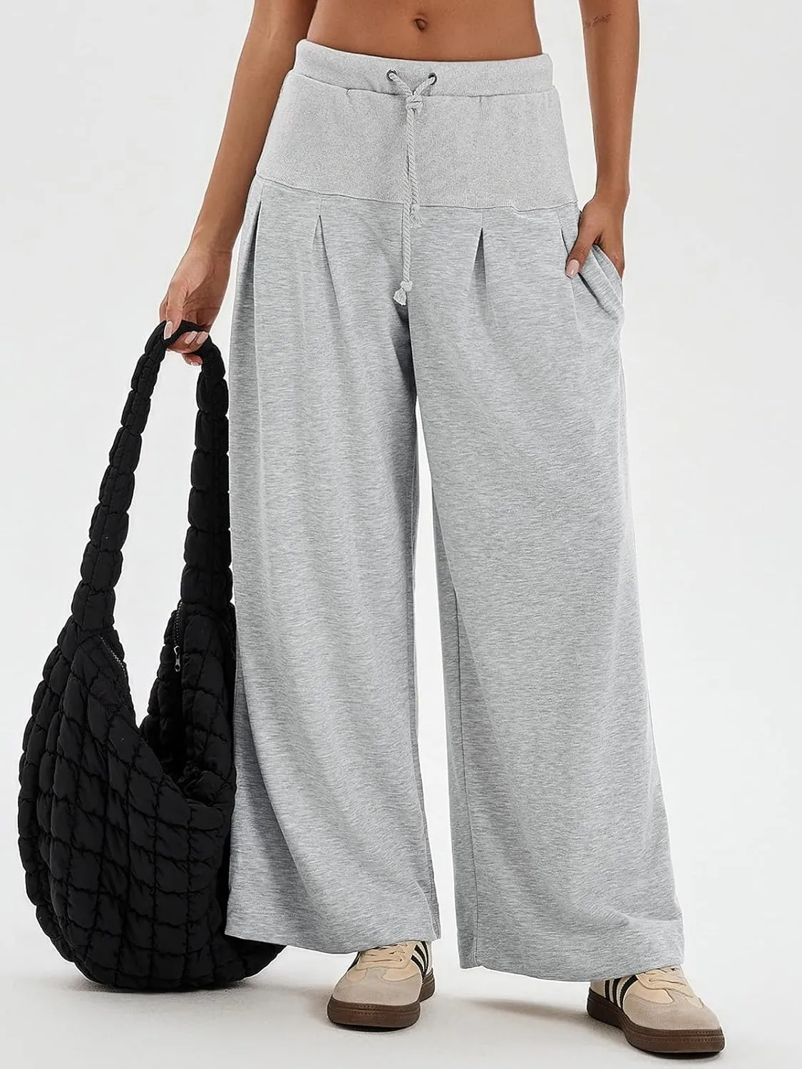 Tankaneo Womens Pleated Wide Leg Sweatpants Baggy Drawstring High Waisted Pants Casual Comfy Palazzo Lounge Pants