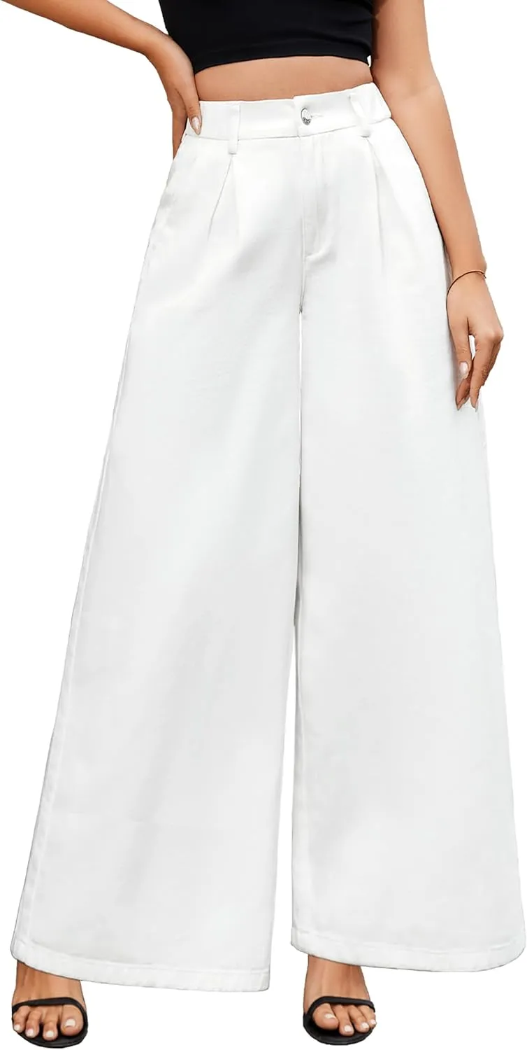 Tapata Women's 24"/27"/30"/33" Inseam Wide Leg Jeans Petite Elastic Waist Baggy Denim Pants Long Palazzo Trousers