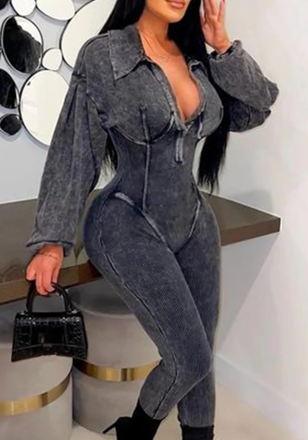 Tcremisa Women's Distressed Long Sleeve Jumpsuit Stretchy Lapel V Neck Ribbed Patchwork Bodycon Long Pants Rompers