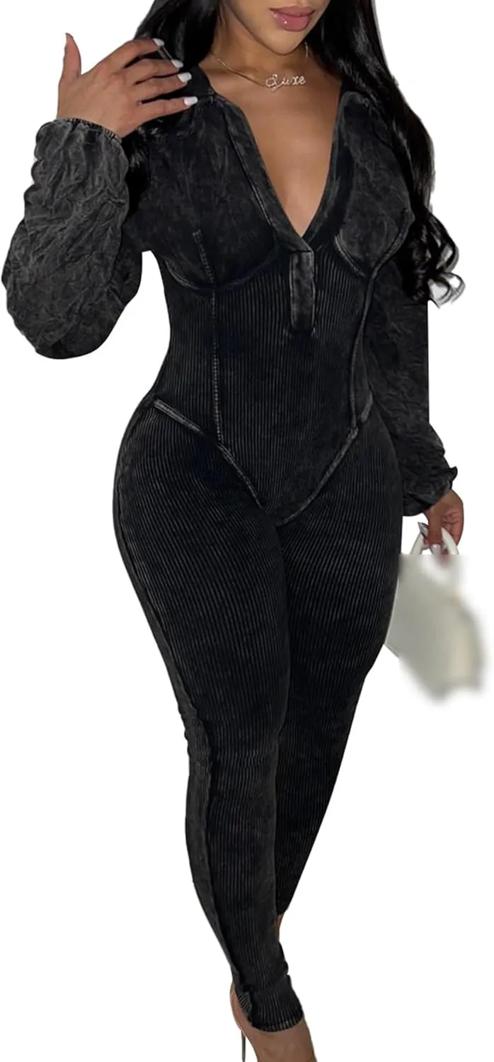 Tcremisa Women's Distressed Long Sleeve Jumpsuit Stretchy Lapel V Neck Ribbed Patchwork Bodycon Long Pants Rompers