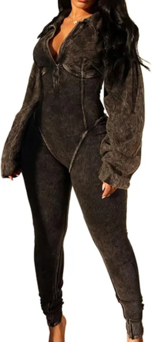Tcremisa Women's Distressed Long Sleeve Jumpsuit Stretchy Lapel V Neck Ribbed Patchwork Bodycon Long Pants Rompers