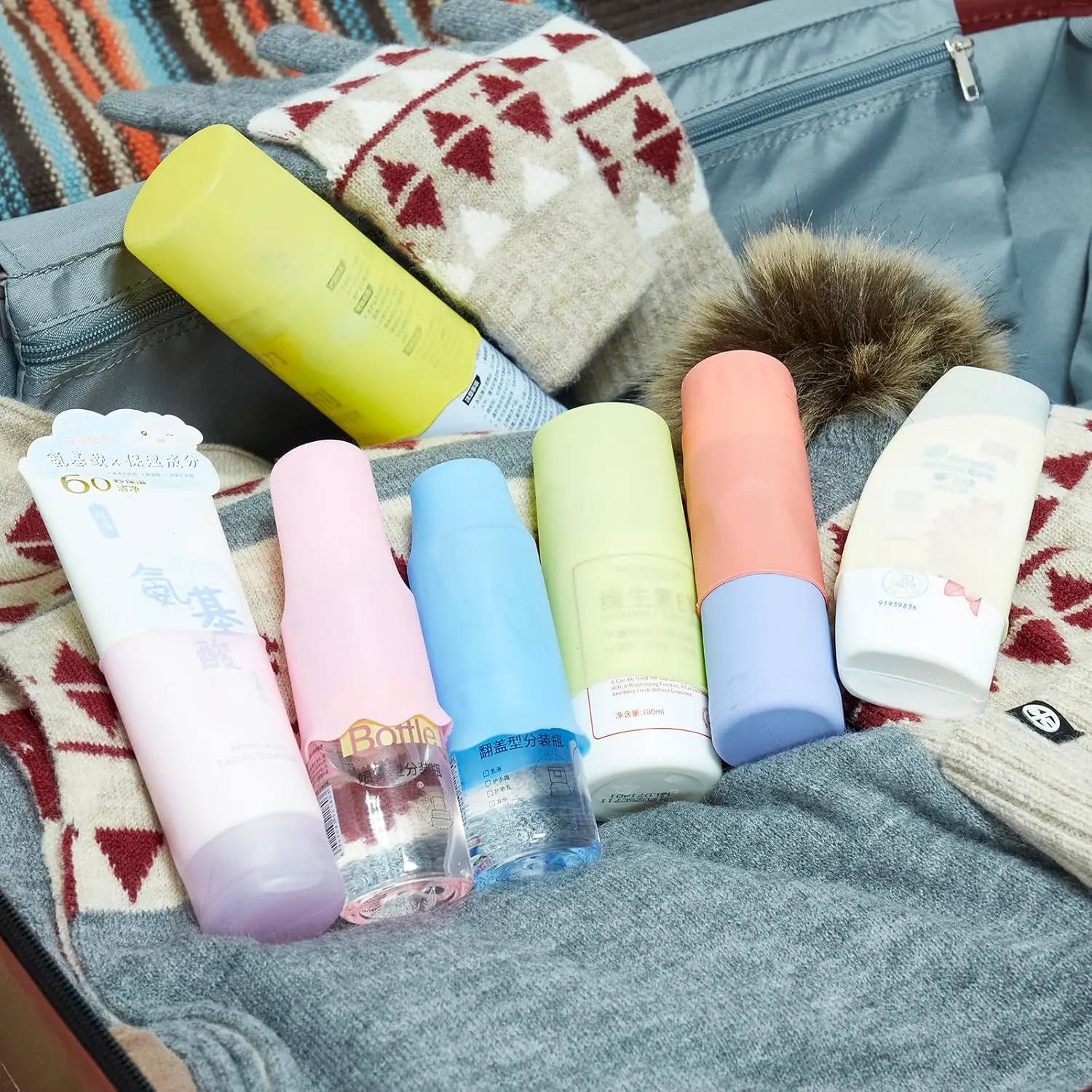 Travel Bottle Covers for Toiletries 10 Pack Silicone Travel Size Container Sleeves,Stretching Travel Toiletries Accessories for Shampoo Lotion Conditioner (Clear White-10pcs)