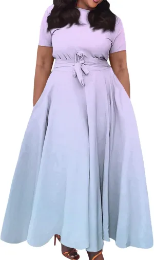 Trendy Short Sleeve Maxi Dresses Casual Plus Size Crewneck Long Sundress Elegant Formal A Line Smocked Flowy Party Dress