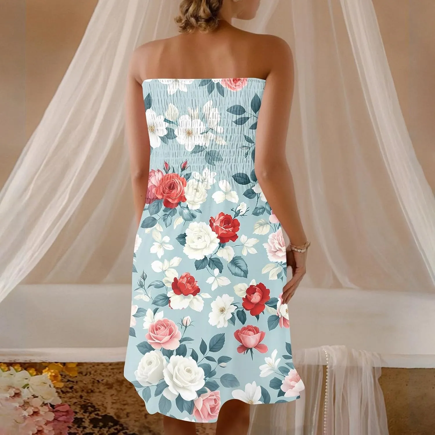 Tube Dresses for Women Strapless Summer Sexy Off Shoulder Flower Print Sleeveless Mini Sundress Beach Cover Up
