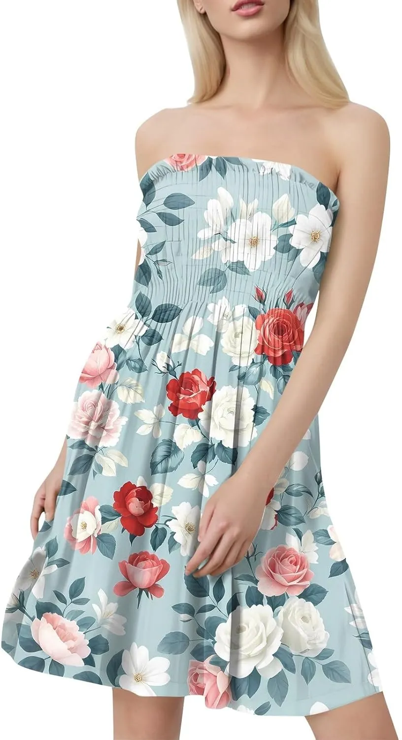Tube Dresses for Women Strapless Summer Sexy Off Shoulder Flower Print Sleeveless Mini Sundress Beach Cover Up