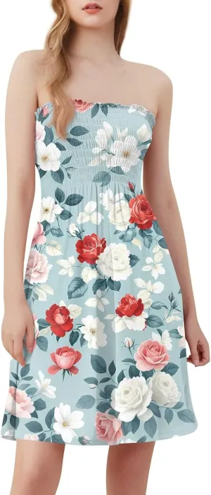 Tube Dresses for Women Strapless Summer Sexy Off Shoulder Flower Print Sleeveless Mini Sundress Beach Cover Up