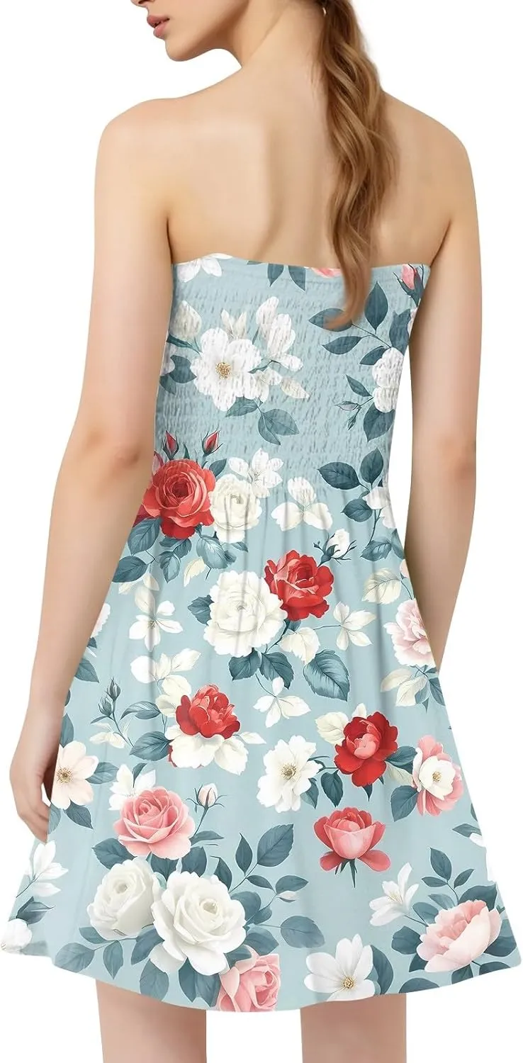 Tube Dresses for Women Strapless Summer Sexy Off Shoulder Flower Print Sleeveless Mini Sundress Beach Cover Up