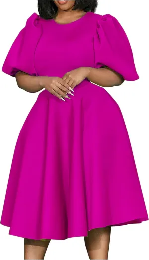 Uillui Plus Size Dress for Women Bubble Sleeve Tapered Waist a Line Dress Flowy Swing Dress Formal Cocktail Prom Party Dress