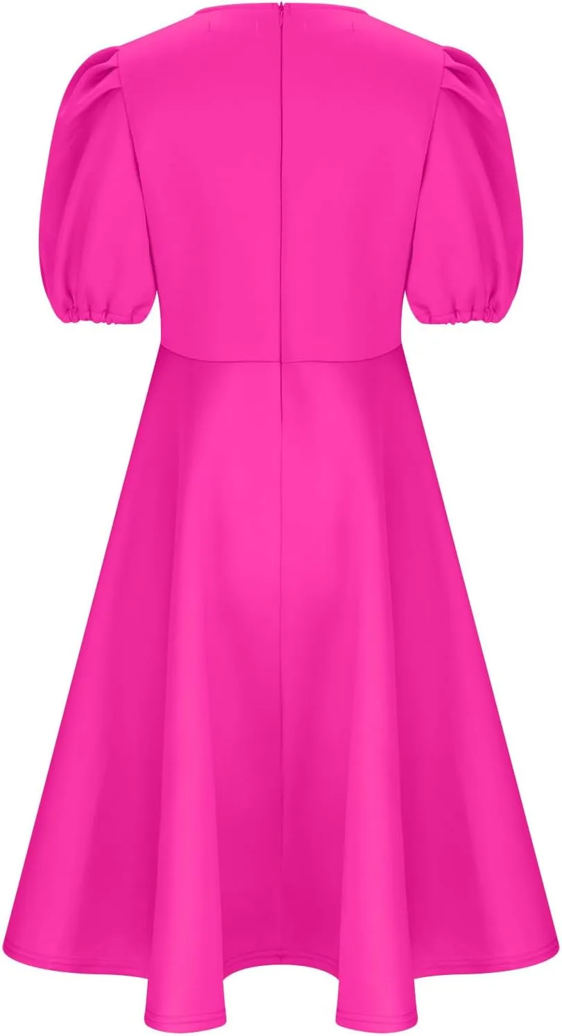 Uillui Plus Size Dress for Women Bubble Sleeve Tapered Waist a Line Dress Flowy Swing Dress Formal Cocktail Prom Party Dress