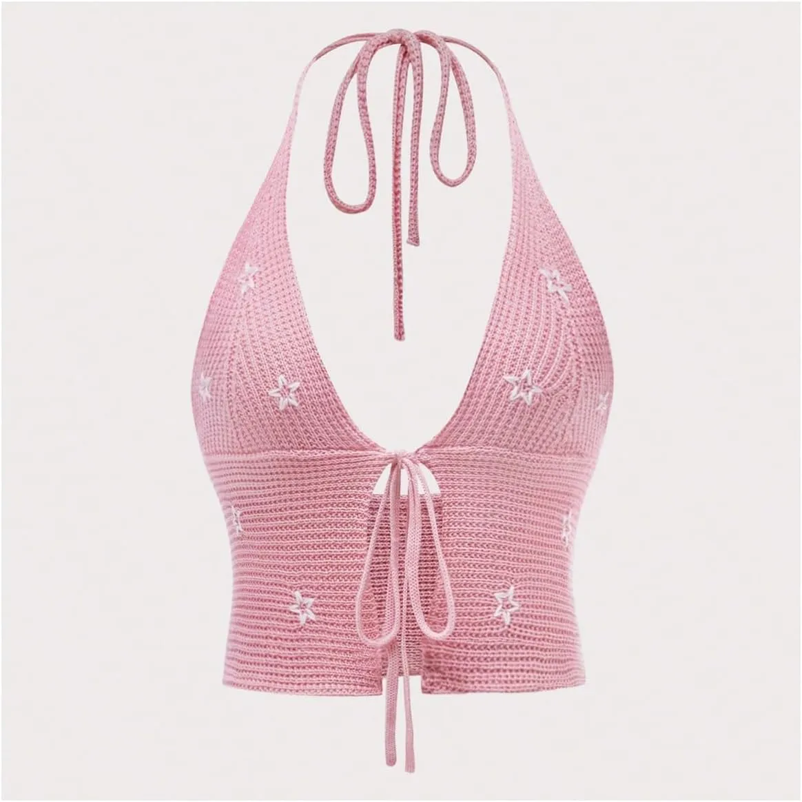 Verdusa Women's Tie Front Sleeveless Knitted Halter Crop Top V Neck Camisole
