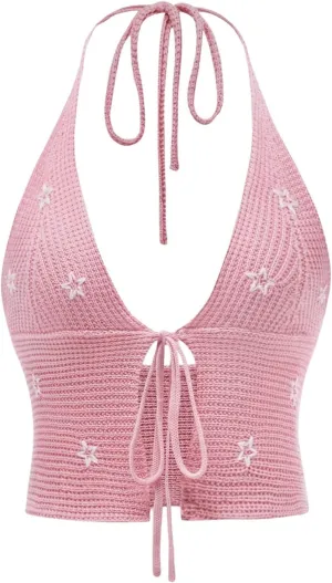 Verdusa Women's Tie Front Sleeveless Knitted Halter Crop Top V Neck Camisole