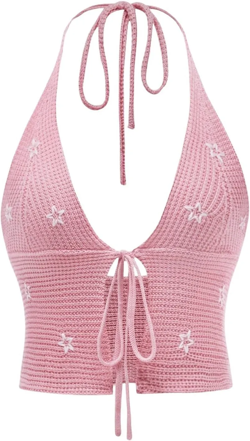 Verdusa Women's Tie Front Sleeveless Knitted Halter Crop Top V Neck Camisole