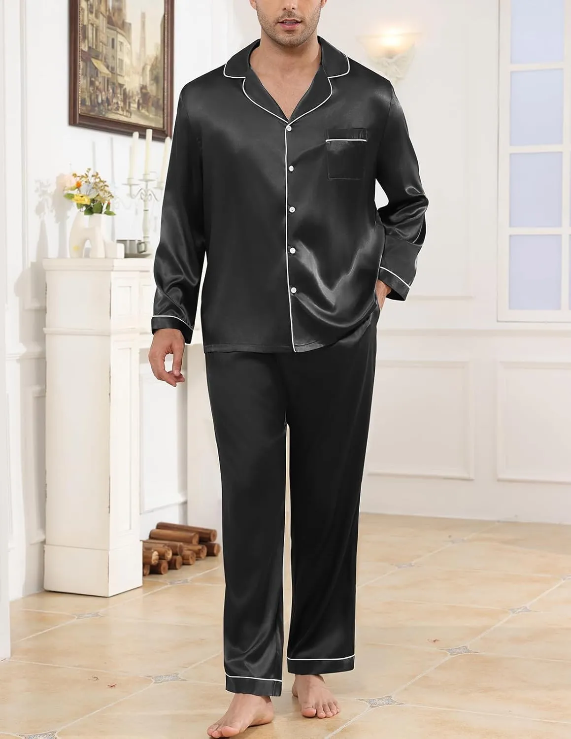 Veseacky Mens Silk Satin Pajamas Set Short Sleeve Sleepwear Button-Down Pjs Sets Two-Pieces Loungewear with Pockets S-XXL
