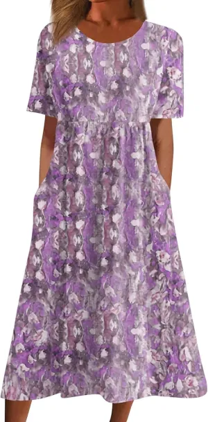Vintage Floral Printed Midi Dresses for Women with Pockets Loose Crew Neck Short Sleeve Summer A-Line Casual Plus Size Dress